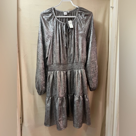 GAP Dresses & Skirts - GAP Shiny Silver Long Sleeve Tie-Neck Dress size large Party Holiday Merallic